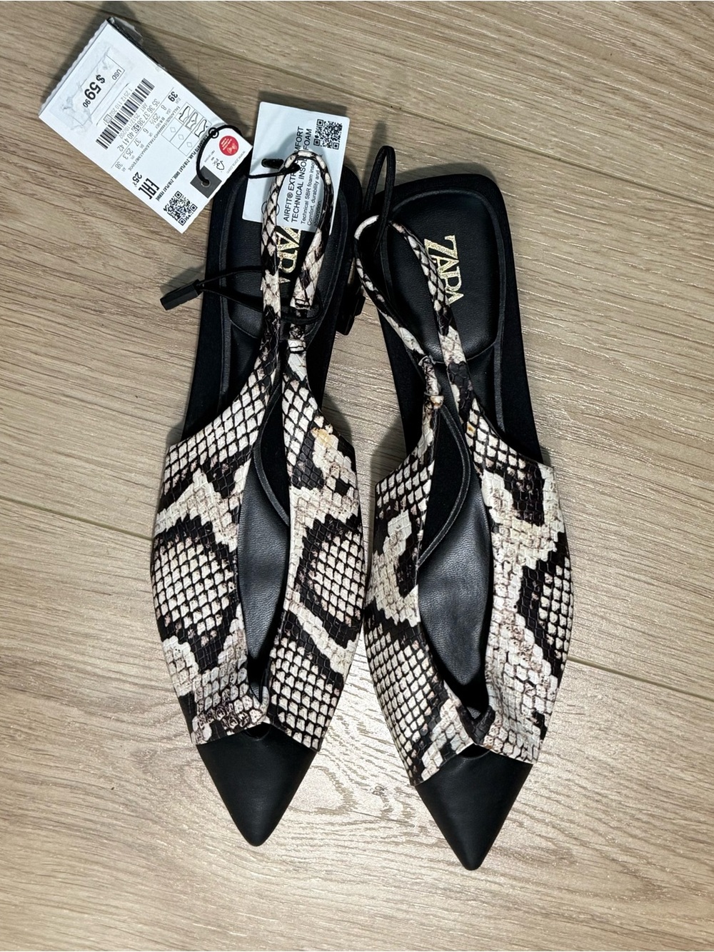 NWT Zara Snakeskin Print Pointed Toe Slingback Flats Size 39 / US 8